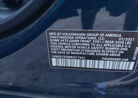 2021 Volkswagen Passat 2.0T Se из США, поврежденный, VIN 1VWSA7A38MC017931